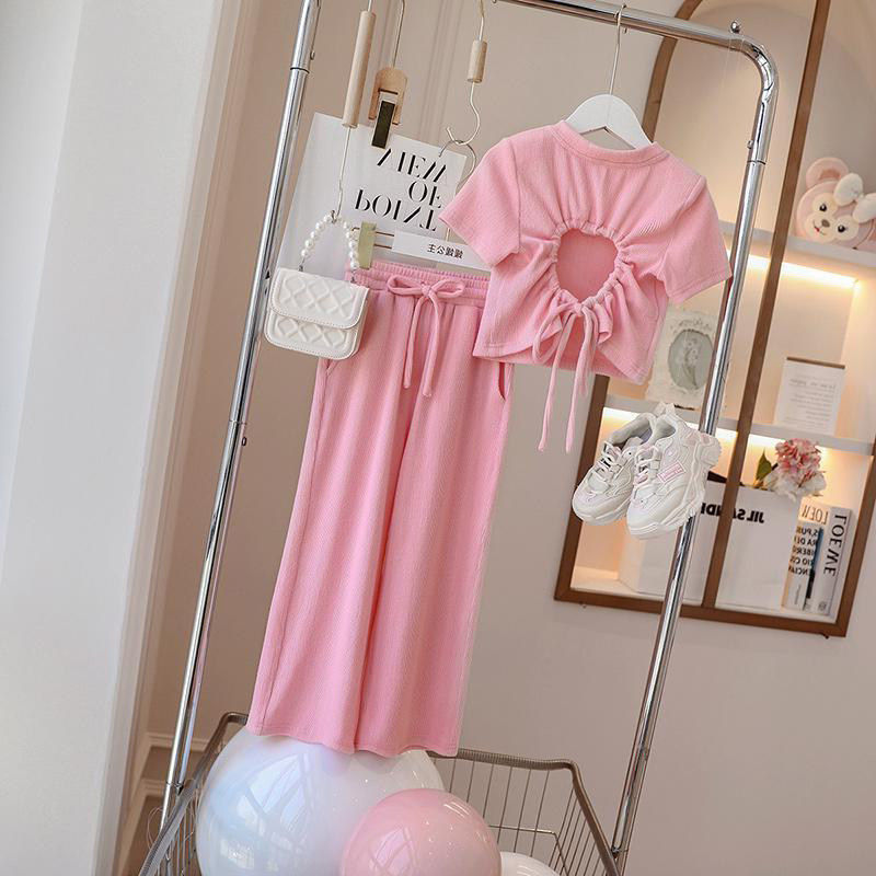 女童洋气套装夏季韩版中大童儿童后背镂空短袖上衣阔腿裤两件套潮,童装/婴儿装/亲子装,套装,淘宝优惠券,粉丝福利购,淘宝优惠卷