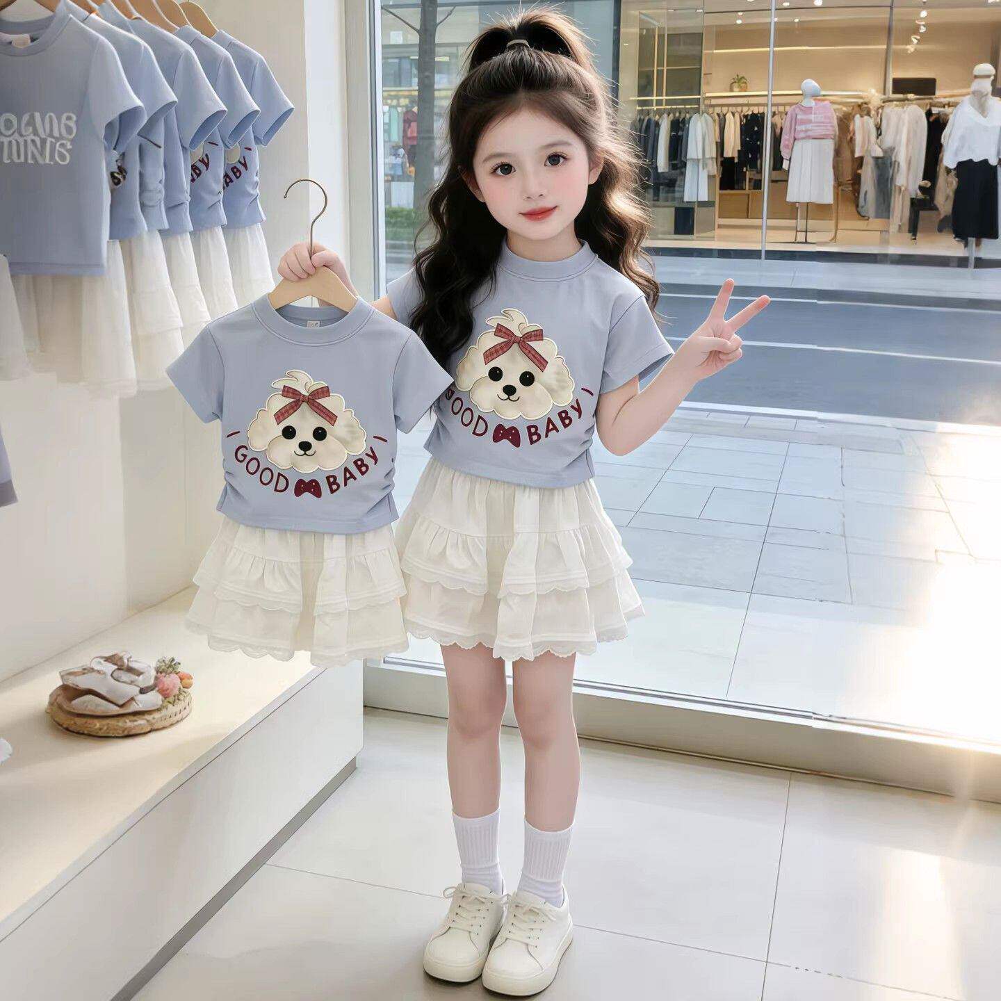 女童夏季圆领短袖套装2026新款卡通可爱甜美女孩夏款蛋糕裙两件套