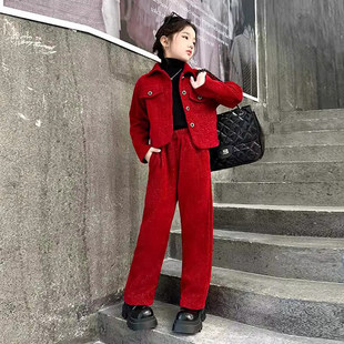 女童小香风套装秋冬季韩版中大童时髦洋气加绒加厚外套裤子两件套