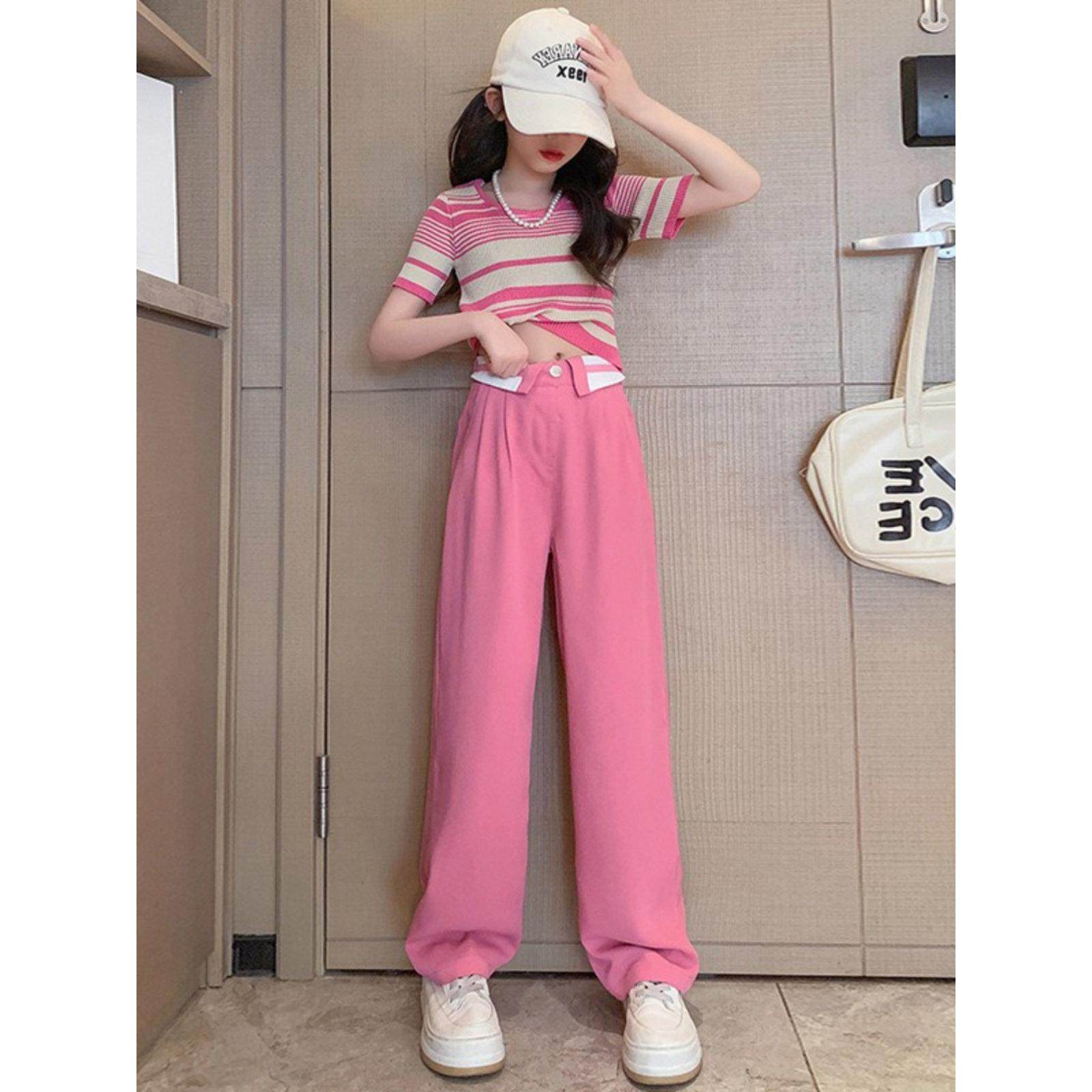 女童洋气套装夏季韩版中大童条纹针织衫女孩冰丝短袖阔腿裤两件套,童装/婴儿装/亲子装,套装,淘宝优惠券,粉丝福利购,淘宝优惠卷