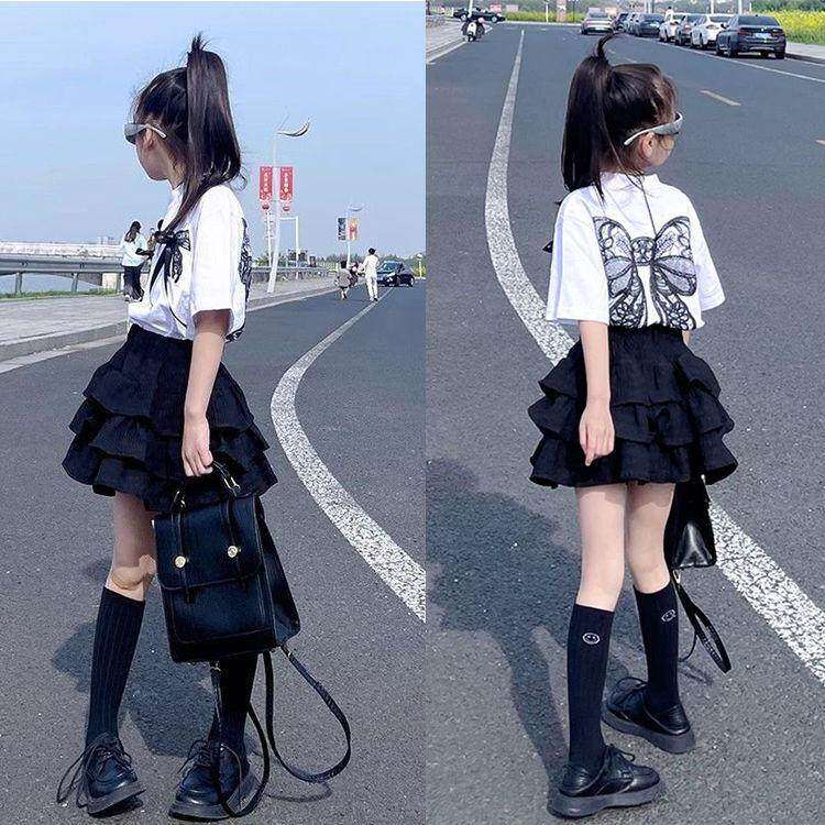 女童夏季2025新款蛋糕裙洋气儿童蝴蝶结短袖T恤JK百褶短裙两件套