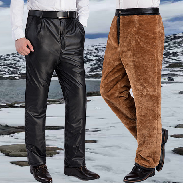 가죽 바지 남성용 두꺼워지고 벨벳 가을 겨울 하이 웨이스트 느슨한 따뜻한 노동 보호 바지 스트레이트 대형 오토바이 가죽 바지 방풍 및 내유성
