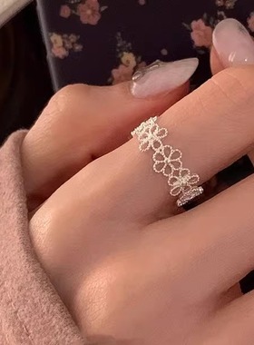 s925纯银镂空蕾丝花朵戒指女生简约通勤优雅素银小花开口食指环