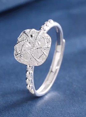 S999足银花丝镂空方形方糖戒指女生轻奢高级小众缠丝编织食指环女