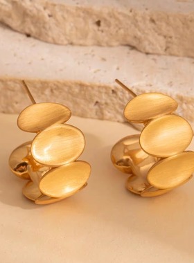 高档轻奢椭圆蛋形金属拉丝C形耳环女生法式高级小众甜美几何耳钉