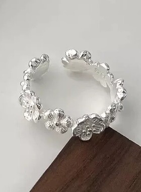 S925纯银立体梅花朵开口戒指女生唯美轻奢设计感素银山茶花食指环