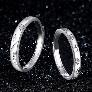 S999足银Amore萌狗狗爪印戒指男女生情侣对戒个性动物印记食指环