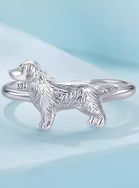 s925纯银立体金毛小狗素圈戒指女生简约个性小动物狗狗开口食指环