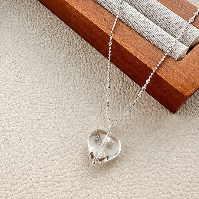 s925纯银白色水晶爱心形项链女生韩版小众简约百搭高级圆珠锁骨链