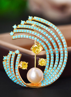 高档轻奢锆石绿松石镶钻海螺海浪胸针男女生优雅气质大衣胸花领针