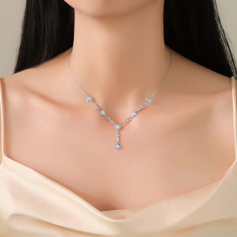 S925纯银镶钻立体玫瑰花项链女