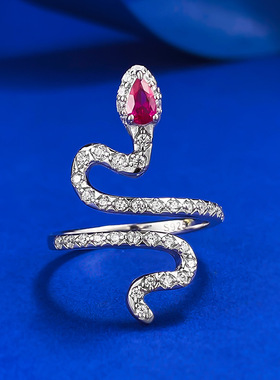 S925纯银红刚玉宝石镶钻灵蛇戒指女生轻奢个性气质小众蛇形食指环