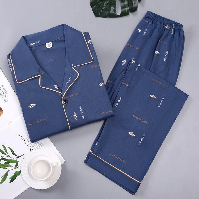 男士睡衣夏季棉质短袖长裤中老年爸爸服男装新款大码家居服套装薄