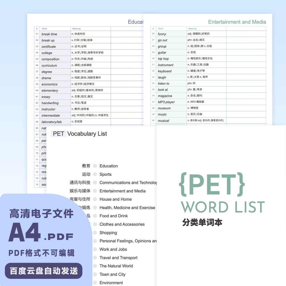 B0003电子版PET单词背诵本pdf格式高清a4文件1300+核心单词中译英