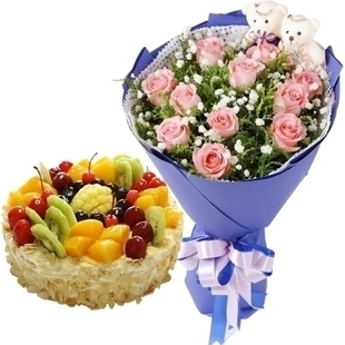 包头青山区正翔国际师范学院富强路四角玫瑰生日蛋糕鲜花店同城