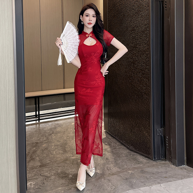 夏季新中式红色旗袍连衣裙女短袖修身长裙气质时尚通勤修身型蕾丝