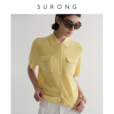 溯戎翻领镂空宽松短袖羊毛开衫女