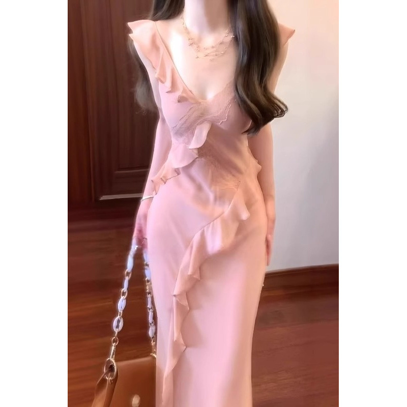 法式纯欲风荷叶边V领连衣裙子夏季独特漂亮绝美收腰显瘦鱼尾长裙