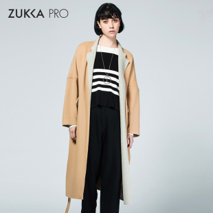 ZUKKA PRO卓卡女装秋冬款系带宽松中长款翻领外套双面呢毛呢大衣