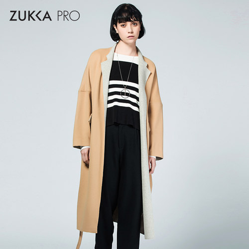 ZUKKA PRO卓卡女装秋冬款系带宽松中长款翻领外套双面呢毛呢大衣