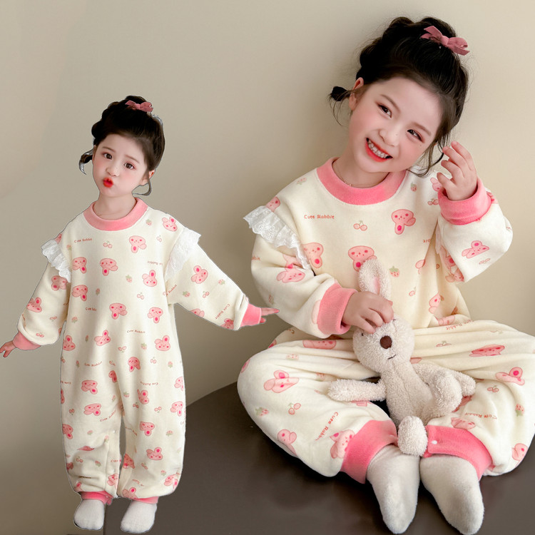 儿童奥粒绒花边连体女童睡衣秋冬款女孩宝宝公主加厚保暖睡袋爬服