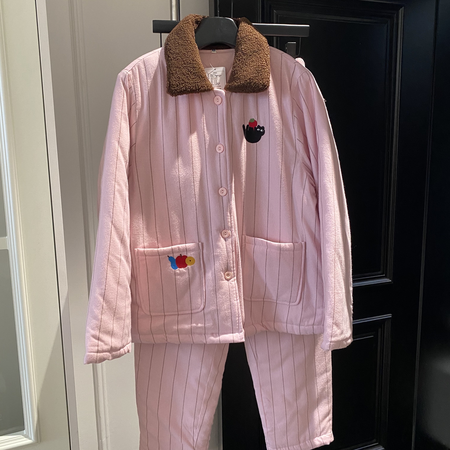 【米粒】三层夹棉加厚条纹情侣秋冬家居服套装高级磨毛开衫睡衣