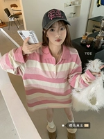 Sakura Madou Nower исчезнет ~ Корейская академия послала девочкам ленивые и свободные розовые полосы поло воротника с длинным рукавом T -For