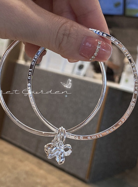 足银9999 纯银手镯闭口在这里等你英文双环手镯女款民族风银饰