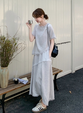 现货2026 夏新款休闲灰色小香风流苏半身裙套装2B235-9156-P155