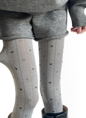 灰色爱心蝴蝶结镂空暗纹提花连裤袜春秋打底裤配靴子竖纹微透连袜