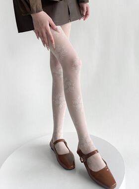 春夏季ins复古奶白色蔷薇玫瑰提花丝袜蕾丝薄款黑丝防脱丝连裤袜
