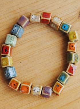 小方形陶瓷花釉手链五彩火山石瓷珠全珠手串情侣礼品义乌饰品