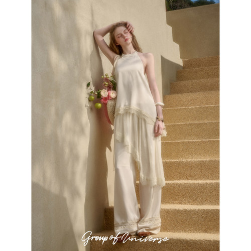 银河万岁“珍珠金”柔光蕾丝老钱「缎面三件套」气质松弛感套装女