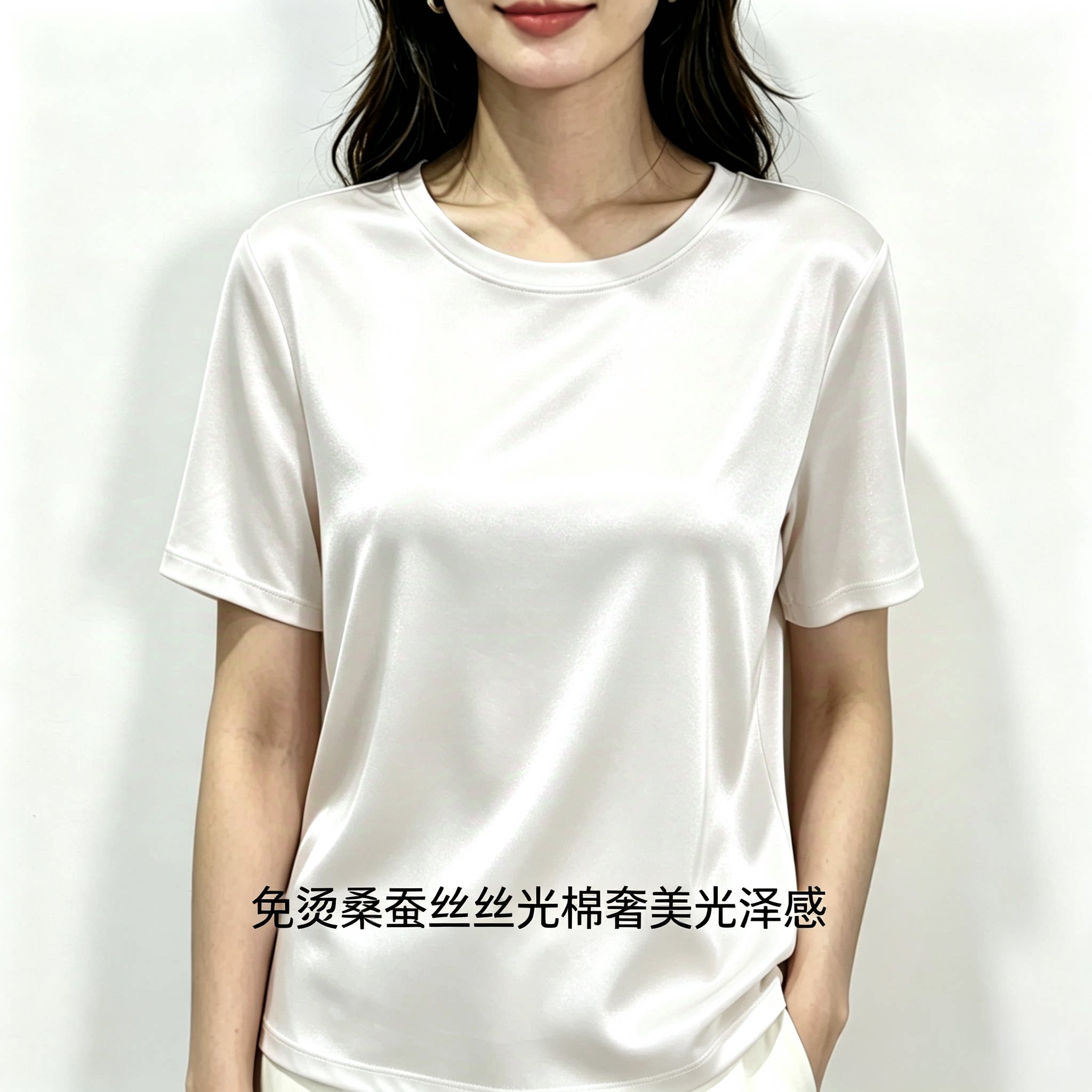 高支桑蚕丝丝光棉t恤女宽松女装圆领修身显瘦短袖V领白色上衣女