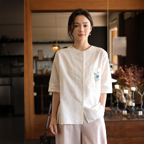 鹿与安笛棉麻女装夏季新款短袖亚麻衬衫女新中式短袖衬衣轻奢上衣