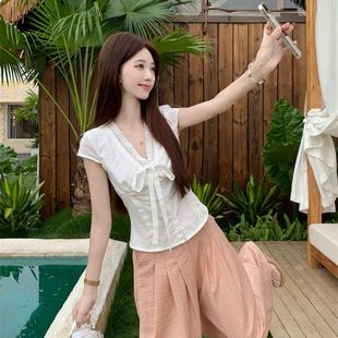 甜美蝴蝶结系带收腰小衫 韩系温柔蕾丝花边短袖 新款 衬衫 上衣 女夏季
