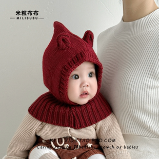 婴儿红色帽子秋冬季针织帽宝宝围巾一体护耳帽可爱小耳朵保暖防风