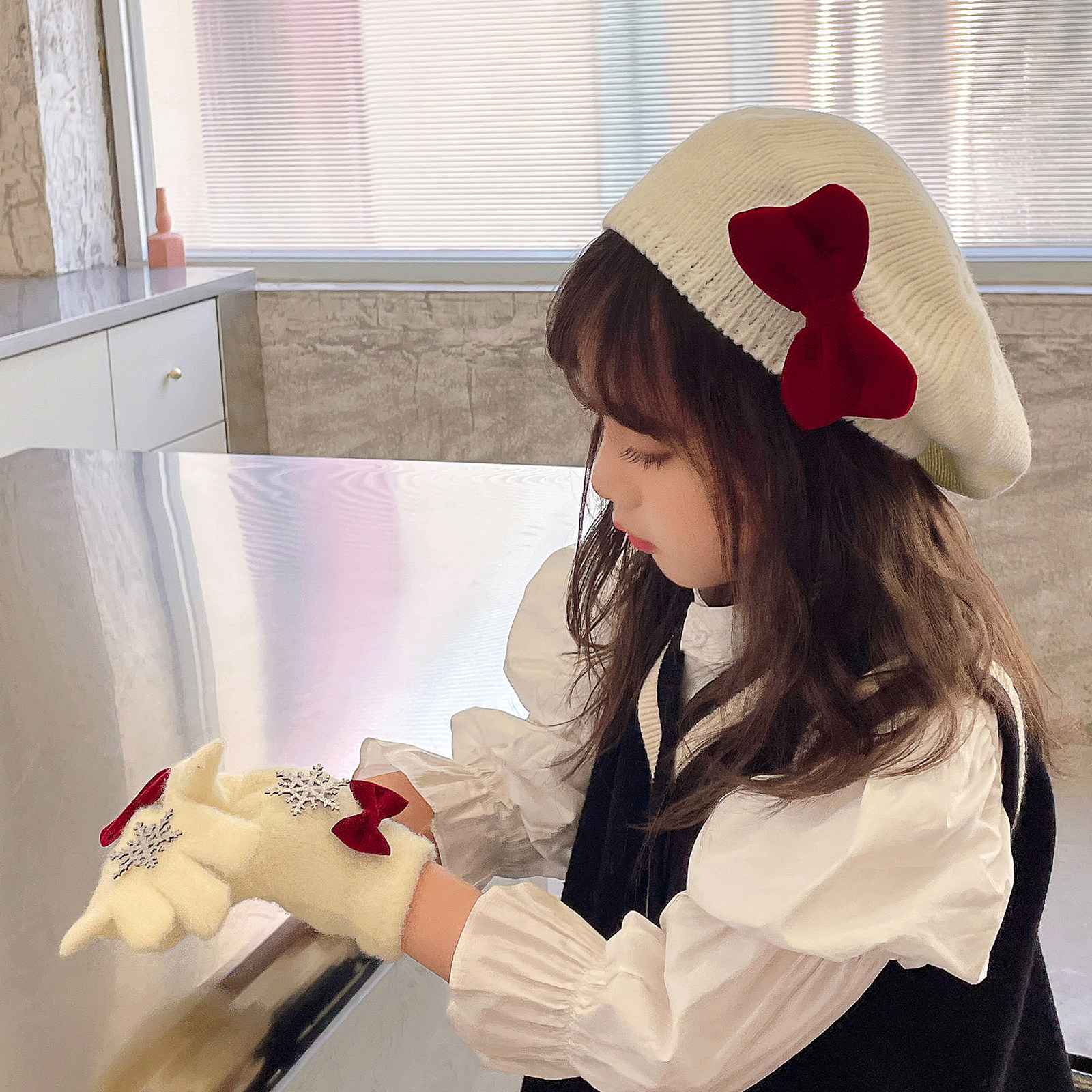 帽子儿童贝雷帽秋冬季小女孩南瓜帽毛线可爱蝴蝶结宝宝蓓蕾帽针织