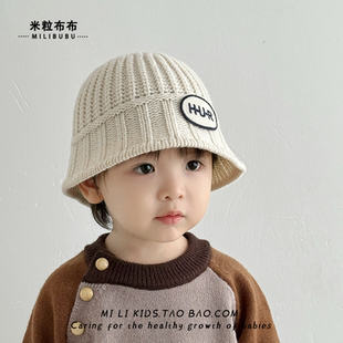 宝宝帽子秋冬季简约字母针织渔夫帽男女童韩版条纹毛线水桶帽保暖