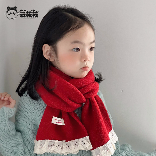 女童红色蕾丝围巾秋冬保暖防风