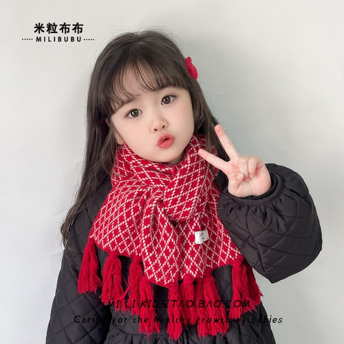 红色格纹流苏围巾女童秋冬季保暖