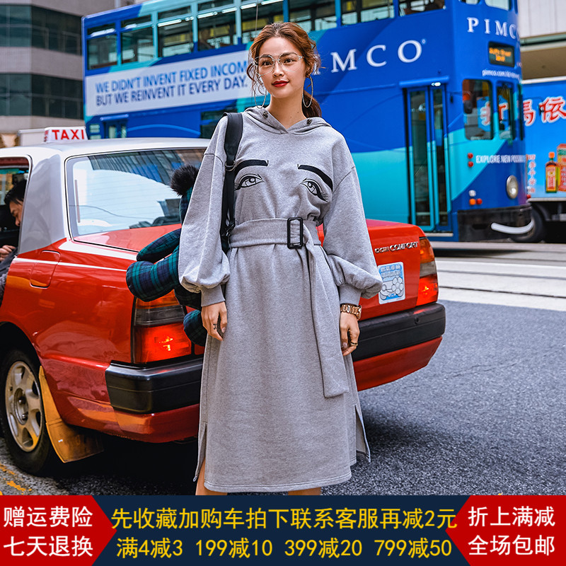 RASA原创女装SG秋欧美bf森女学院收腰系带潮灰中长纯棉连帽连衣裙