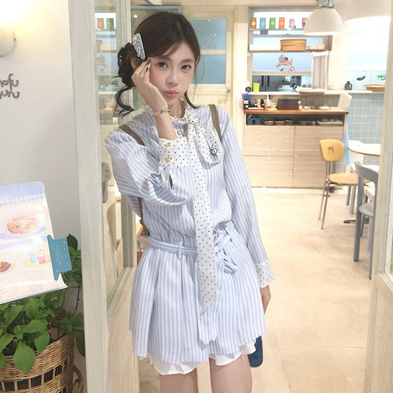 NEOTCG春秋季天丝波点条纹长袖衬衫连衣裙短裙子MIU系2025新款女