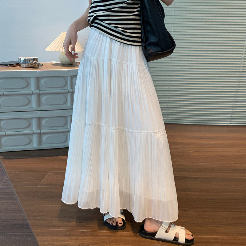 白色雪纺半身裙女中长版2026夏新款A字伞裙大摆裙垂感百褶长裙子