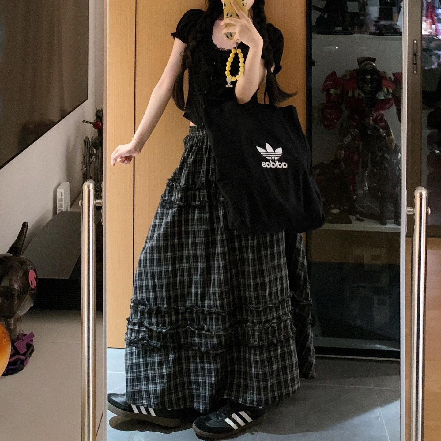 黑白格子半身裙女春季新款胖妹妹mm高腰遮胯显瘦蛋糕a字大摆裙子