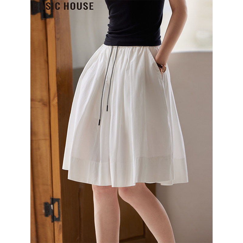 Basic House/百家好白色高腰A字伞裙松紧腰半身裙女夏季2026新款