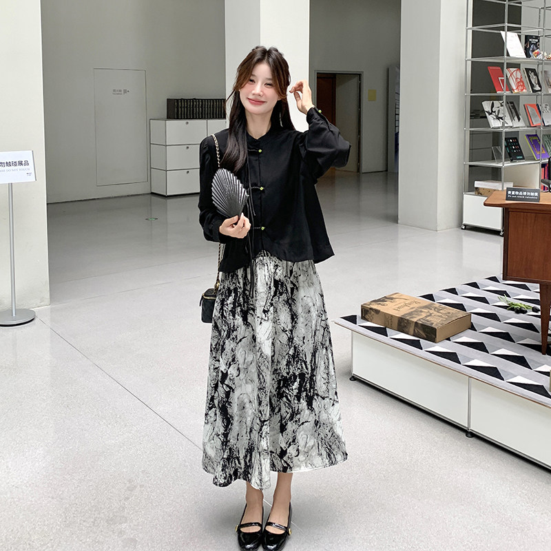 黑色新中式裙女2025春秋新款国风盘扣上衣水墨画半身裙,女装连衣裙,2C032