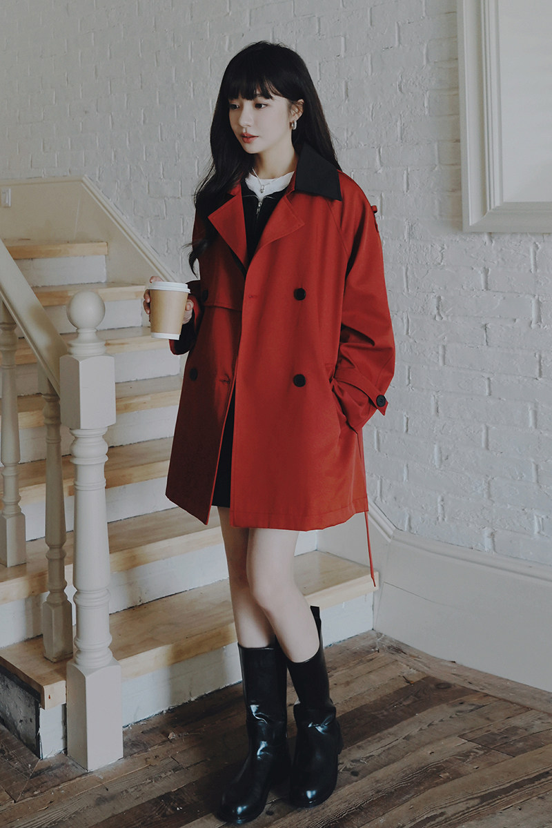 【25春装现货】红色中长款风衣外套2C032612P145K208,女装风衣,2C032