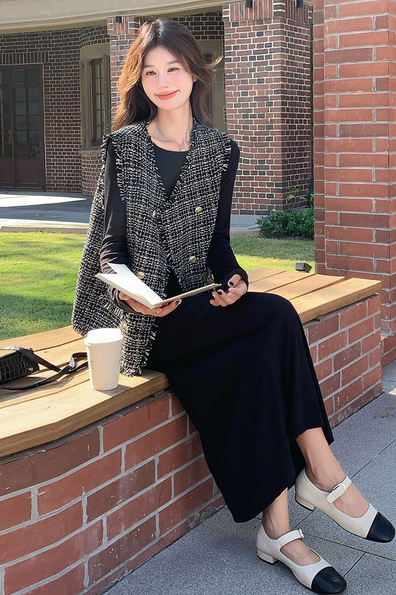 黑色小香风马甲连衣裙女2025年秋季新款一整套穿搭时尚,女装连衣裙,2C032