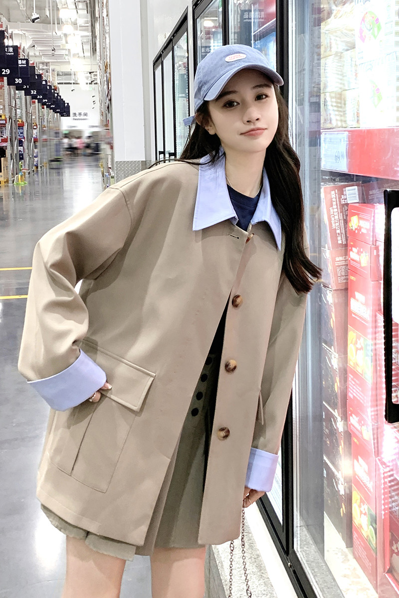 撞色拼接翻领风衣外套女2024秋季新款韩版宽松中长款休闲百搭上衣,女装西装,2C032